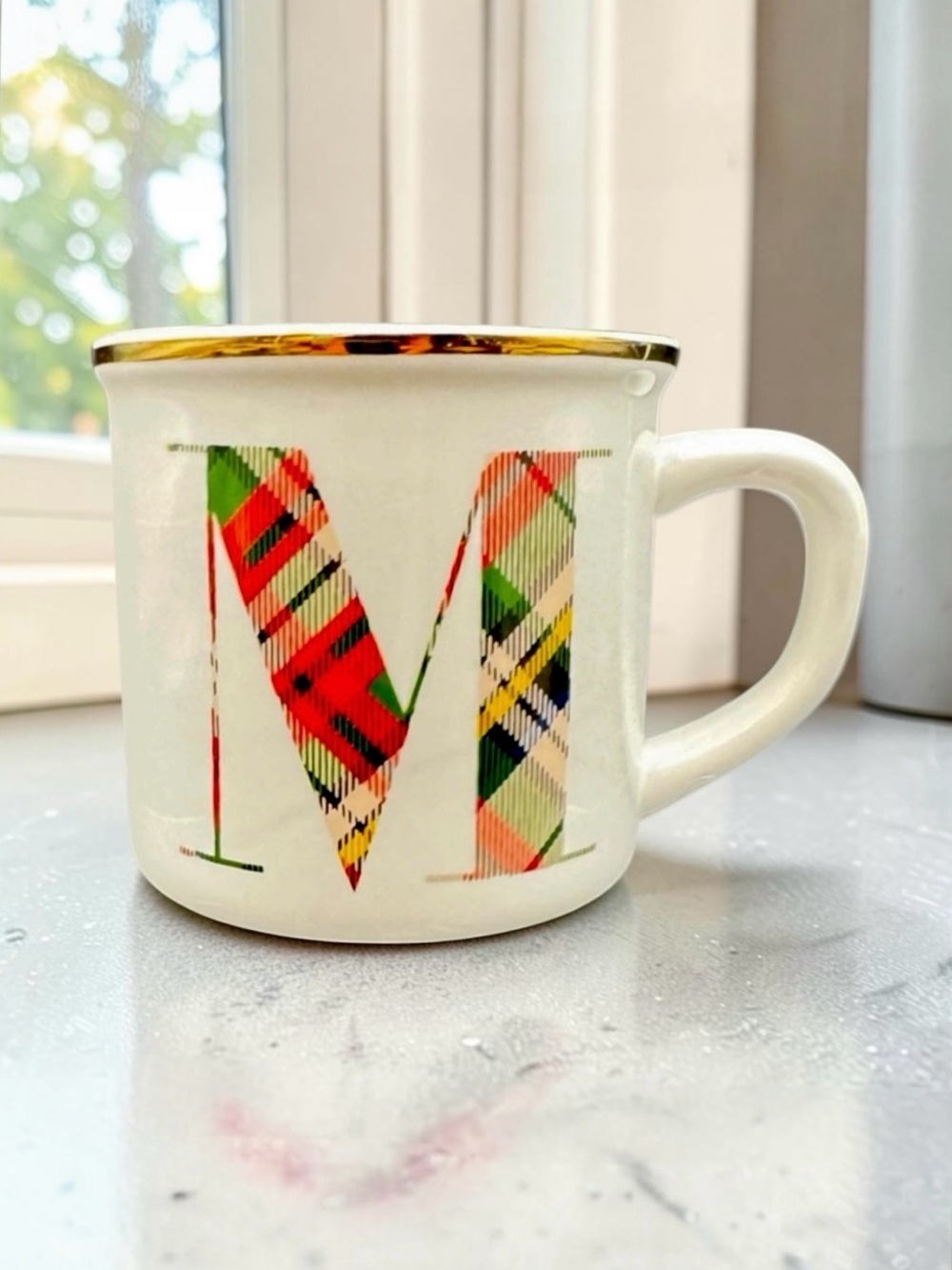 Pottery Barn Plaid Monogram “M” Mug – Holiday Christmas Coffee Cup - Preppy Mug